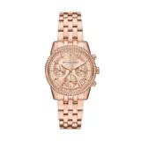 Reloj Michael Kors Mini Bryant para mujer, con correa de acero inoxidable color oro rosa y esfera color oro rosa con incrustaciones de strass en el bisel.