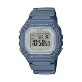 Reloj digital Casio color azul con caja cuadrada de resina, pantalla LCD con visualización de hora, fecha y día de la semana, cronómetro, alarma y luz LED. Resistente al agua hasta 50 metros.