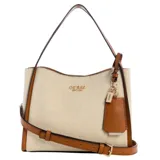Bolso Guess modelo Mini Nicolette Canvas Girlfriend Satchel, color beige con ribetes marrones. Cuenta con asa de mano, correa cruzada removible, charm colgante con logo y tres compartimentos interiores forrados.