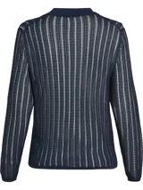 Sweater azul marino de tejido de punto calado con rayas verticales blancas, cuello polo y tapeta con tres botones.