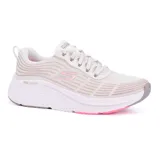 Championes deportivos Skechers Max Cushioning Elite 2.0, color blanco con detalles en gris y rosa. Capellada de malla con cordones, plantilla Air-Cooled Goga Mat con infusión de cobre, entresuela Ultra Go y tecnología Natural Rocker.