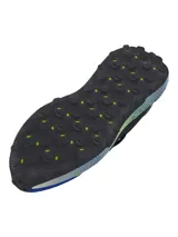 Championes Under Armour Fat Tire Venture Pro, color negro con detalles en azul y verde. Inspirados en bicicletas Fat Tire, con suela de goma resistente y amortiguación UA HOVR.
