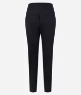 Pantalón cigarrete negro de algodón satinado con cintura elástica en la espalda, bolsillos traseros y cierre delantero con cremallera.