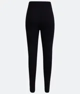 Pantalón legging negro de punto roma con cintura alta y detalle de solapa en la parte delantera confeccionada en material sintético.