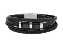 Pulsera de cuero negro con múltiples tiras, una de ellas trenzada, con piezas metálicas rectangulares y cierre magnético.