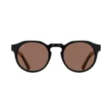 Lentes de sol redondos con marco de acetato negro y lentes marrones. Patillas de madera.