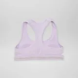 Top deportivo lila con espalda deportiva y banda inferior con detalle de lurex dorado.