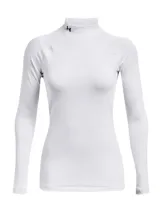 Remera deportiva blanca de manga larga con cuello alto y logo de Under Armour en el cuello.