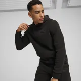 Buzo hoodie Puma ESS Elevated Polar Fleece negro, de corte clásico, con capucha ajustable con cordón, bolsillo tipo canguro y logo de la marca bordado en el pecho.