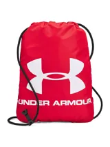 Mochila Under Armour tipo bolsa con cordones, color rojo con logo blanco.