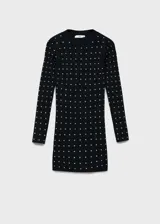 Vestido corto de punto fino color negro, con cuello perkins, diseño entallado y detalle de strass.