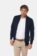 Campera azul de tejido fino, con cierre frontal y detalles en cuero ecológico. Confeccionada 100% en algodón.