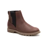 Botín Chelsea de cuero color marrón, con elásticos laterales negros y suela de goma con plataforma.