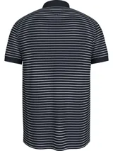 Chomba Tommy Hilfiger de corte regular a rayas horizontales blancas y azul marino, con cuello clásico y tapeta de dos botones. Logo de la marca bordado en el pecho. Confeccionada en tejido técnico elástico que absorbe la humedad y cuenta con propiedades antiolores.