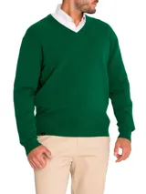 Sweater azul marino de lana con cuello en V.