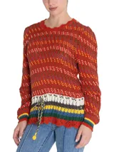 Sweater tejido con cuello redondo y amarre en la cintura, con diseño de punto calado y franjas horizontales en el pecho en tonos blanco, marrón, amarillo, azul y verde.