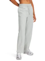 Pantalón Under Armour Rival Fleece para mujer, color verde claro, de corte recto y holgado, con cintura elástica ajustable con cordón y logo bordado en la cadera.