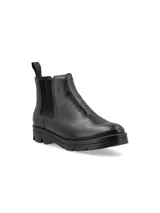Botín Chelsea de cuero vacuno color negro, con elásticos laterales texturados, aplique metálico con logo de la marca, forro y plantilla de cuero, y suela de goma.