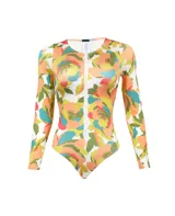 Entero de lycra con estampado floral multicolor, cierre frontal con cremallera y mangas largas.