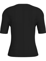 Remera negra de algodón elástico con textura de canalé fino, corte ajustado, cuello redondo, mangas cortas e insignia del monograma de Calvin Klein en el dobladillo.