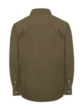 Camisa azul marino de cotelé con cuello camisero, manga larga y cierre con botones.