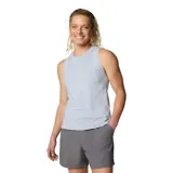 Musculosa deportiva Columbia Weekend Ascent Tank para mujer, color gris claro con finas rayas horizontales. Cuenta con tecnología Omni-Wick para eliminar la humedad y neutralizar olores. Fabricada con material reciclado.