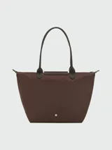 Bolso tote Longchamp modelo Le Pliage Green, tamaño L, color marrón chocolate, con cierre de cremallera y botón a presión.