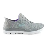 Championes deportivos Skechers Slip-Ins Summits Dazzling Haze, color gris jaspeado con detalles en celeste y violeta. Diseño sin cordones con ajuste elástico, plantilla Air-Cooled Memory Foam y tecnología Heel Pillow.
