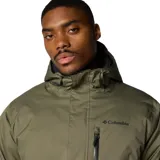 Campera impermeable Columbia Oak Harbor II para hombre, color verde oliva. Cuenta con tecnología Omni-Tech, costuras selladas, forro Omni-Heat Infinity, aislamiento Thermarator, capucha y dobladillo ajustables, bolsillo interior de seguridad y cierres en los bolsillos del pecho y las manos.