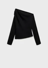 Blusa negra de fiesta con diseño asimétrico, un hombro descubierto, manga larga y lentejuelas. Cierre lateral con cremallera.