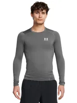 Remera de compresión Under Armour HeatGear Armour de manga larga, color gris con logo blanco en el pecho.