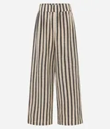 Pantalón recto de punto con rayas verticales en tonos beige y negro. Cuenta con cintura elástica y forro interior.