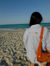 Cartera baguette color celeste con rayas verticales blancas, bordados de un sol y un caballo en la parte superior, y apliques de tachas y dijes en la parte inferior.