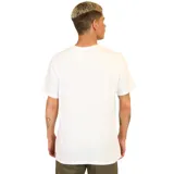 Remera blanca de algodón con estampa en el frente de un portal con el logo de Volcom y la frase 'Embrace the Strange'.