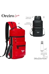 Mochila negra acolchada con estampado de corazones y logo de Las Oreiro. Tiene dos compartimentos con cierre, correas ajustables y llavero desmontable.