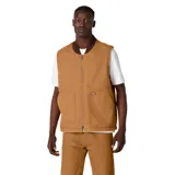 Chaleco Dickies color marrón con forro interior, cierre frontal con cremallera, cuello redondo y bolsillos delanteros.