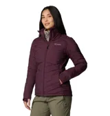 Campera Columbia Joy Peak II Full Zip color borgoña, con forro térmico reflectante Omni-Heat™ Infinity, aislante Thermator™ de poliéster reciclado, cuello forrado en felpa, bolsillos con cremallera y puños con orificios para los pulgares.