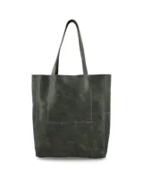 Bolso tipo tote bag de cuero sintético color verde oliva con detalles en lila.
