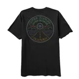 Remera negra de manga corta con cuello redondo y estampado en el pecho con diseños geométricos y un ojo.