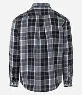 Camisa de franela para hombre con cuello solapa, abotonada, mangas largas y estampa de cuadros en tonos negro, blanco y gris.