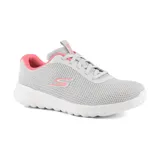 Zapatillas deportivas Skechers GOwalk Joy - Light Motion, color gris claro con detalles en rosa. Capellada de malla y material sintético, cordones elásticos, plantilla Air-Cooled Goga Mat™ y media suela con amortiguación 5GEN.