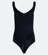 Body negro de media malla con escote en V y breteles medianos con elástico.