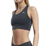 Top de entrenamiento de alta sujeción, negro, con espalda cruzada y banda ancha que ofrece comodidad y soporte.