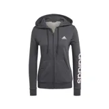 Campera gris de mujer con capucha y cremallera frontal, fabricada en felpa francesa, con diseño cómodo y ajustable.
