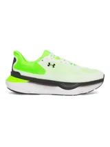 Zapatillas de running Under Armour Infinite Pro 2, color blanco con detalles en verde flúor y negro.
