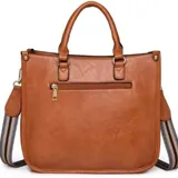 Bolso de mano y hombro color marrón, con textura de eco cuero. Presenta dos asas superiores y una correa ajustable y desmontable con diseño de rayas en tonos beige y negro. Tiene un bolsillo exterior con cierre en la parte trasera.