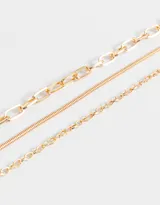 Set de tres collares dorados de metal con diferentes tipos de eslabones.
