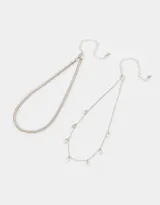 Set de dos chokers plateados: uno tipo snake y otro con dijes de hojitas.