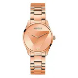 Reloj Guess análogo para mujer, con caja y pulsera de acero color oro rosa, esfera de 36mm con diseño triangular y resistencia al agua de 3 ATM.
