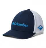 Gorra de béisbol Columbia color beige con paneles traseros de malla azul marino y logo de la marca bordado en el frente.